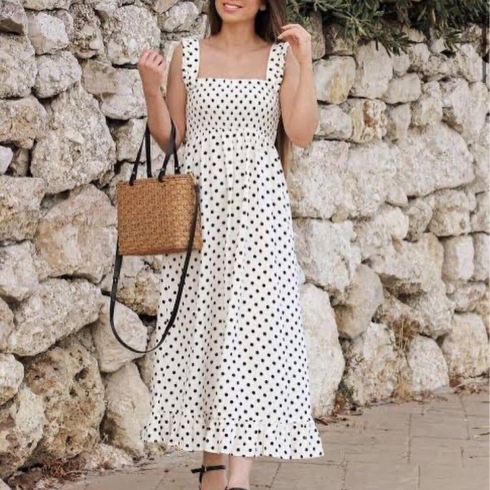 Women’s Zara Linen Cream And Polka Dot Ruffle Smocked Midi Dress Size M